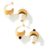 Stainless steel water ripple U-shaped inlaid pearl earrings