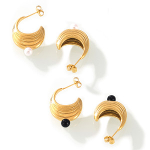 Stainless steel water ripple U-shaped inlaid pearl earrings