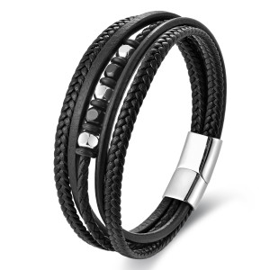 21CM Black leather cord cowhide stainless steel leather braided bracelet