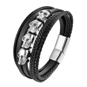 21CM Skull Black leather cord cowhide stainless steel leather braided bracelet