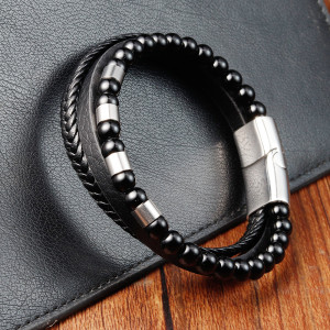 21CM Black leather cord cowhide stainless steel leather braided bracelet