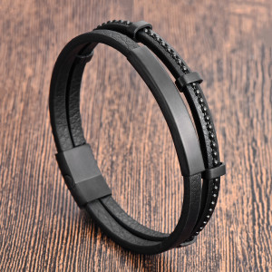 21CM Black leather cord cowhide stainless steel leather braided bracelet