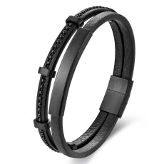 21CM Black leather cord cowhide stainless steel leather braided bracelet
