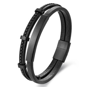 21CM Black leather cord cowhide stainless steel leather braided bracelet