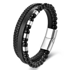 21CM Black leather cord cowhide stainless steel leather braided bracelet