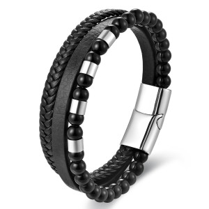 21CM Black leather cord cowhide stainless steel leather braided bracelet