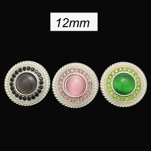 12MM Pink cat's eye stone with full diamond metal metal silver plated snap charms