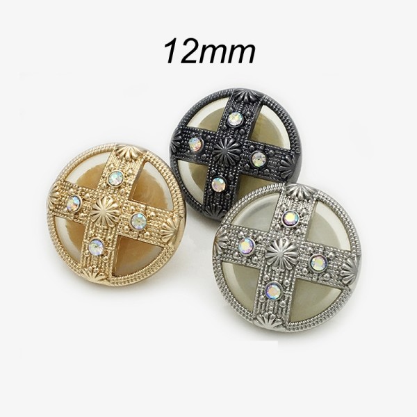 12MM Round cross inlaid with diamonds metal silver plated snap charms