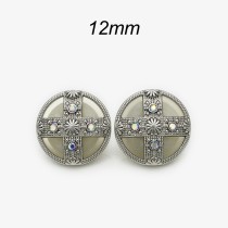 12MM Round cross inlaid with diamonds metal silver plated snap charms