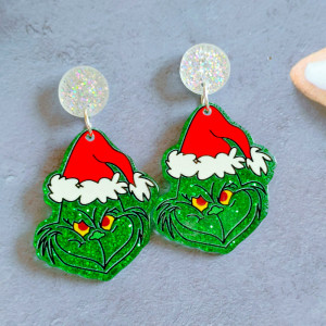Christmas Acrylic Grinch Green Headed Monster Earrings