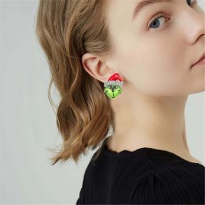 Christmas Decoration Green Hairy Monster Santa Claus, reindeer, snowflakes, socks, celebratory drinks, wine Earrings