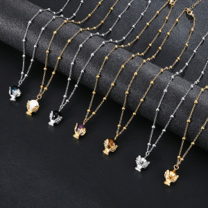 Stainless steel leaf trophy natural stone necklace