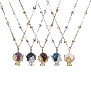 Stainless steel leaf trophy natural stone necklace