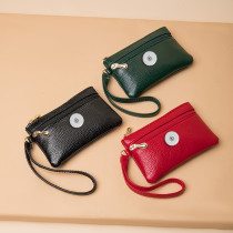 Litchi Pattern Double Zipper Handheld Wallet PU Solid Color Card Coin Storage Bag fit 20MM  Snaps button jewelry wholesale