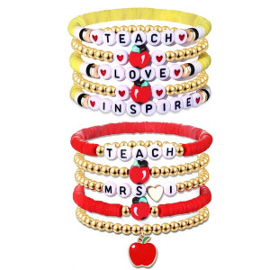 Teacher's Day Bracelet Festival Party Soft Ceramic Apple Bracelet Set Round Beads English Letter Beads Elastic Bracelet