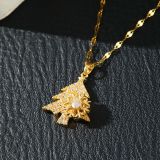 Rotating diamond studded snowflake Christmas tree stainless steel necklace