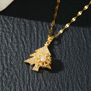 Rotating diamond studded snowflake Christmas tree stainless steel necklace