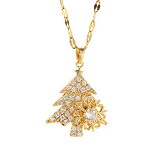 Rotating diamond studded snowflake Christmas tree stainless steel necklace