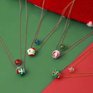 Stainless steel Christmas luminous necklace, Christmas tree, Santa Claus, glass round bead double-layer necklace