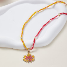 Christmas Maple Leaf Glass Bead Pendant Thanksgiving Necklace