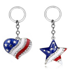 American flag keychain with heart-shaped five pointed star design and diamond inlaid personalized trendy pendant