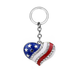American flag keychain with heart-shaped five pointed star design and diamond inlaid personalized trendy pendant