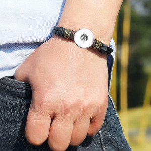 Minimally woven black cowhide bracelet popular retro bracelet fit 18mm snap button jewelry