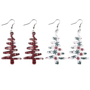 Christmas Tree Shaped Snowflake Grid Pine Leather Earrings