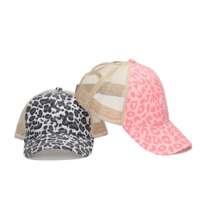 Leopard print high ponytail baseball cap, outdoor fashion sun shading camouflage mesh hat, curved brim duckbill cap