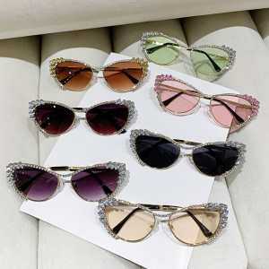 Metal inlaid diamond sunglasses, cat eye sunglasses with diamond sunshade glasses
