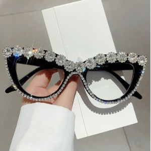 Cat eye diamond studded flat lens anti blue light glasses