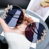 Frameless cut edge inlaid diamond sunglasses, fashionable round rhinestone sunglasses with wave design