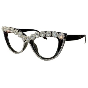 Cat eye diamond studded flat lens anti blue light glasses
