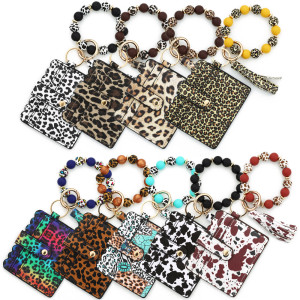 Silicone bead change colored bag, cow silicone keychain, leopard print leather card bag