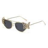 Metal sunglasses with butterfly decoration and diamond inlaid sunglasses