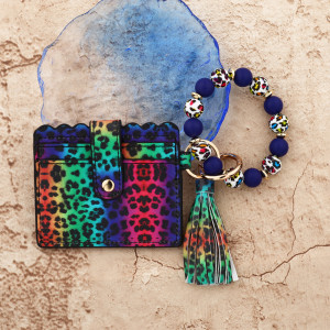 Silicone bead change colored bag, cow silicone keychain, leopard print leather card bag