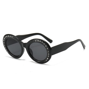 Round frame large frame diamond inlaid sunglasses, UV resistant sunglasses