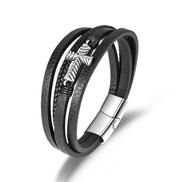Woven bracelet, fashionable and versatile, multi-layer leather cross stainless steel bracelet
