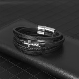 Woven bracelet, fashionable and versatile, multi-layer leather cross stainless steel bracelet