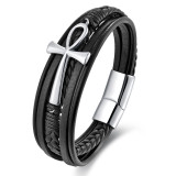 21CM stainless steel cross genuine leather bracelet