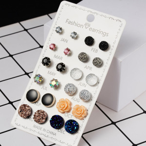 12 pairs of round rhinestone crystal flower December combination card ear stud set