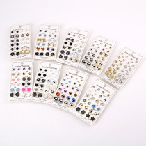 12 pairs of round rhinestone crystal flower December combination card ear stud set