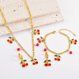 Stainless steel women's fresh and sweet red cherry earrings, holiday fruit necklace bracelet