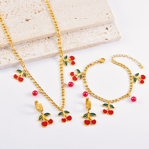 Stainless steel women's fresh and sweet red cherry earrings, holiday fruit necklace bracelet