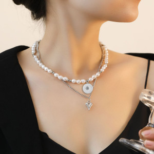 Personalized Fashion Double layer Pearl Love Pendant Necklace for Women's Clavicle Chain for 20mm Snap Button Jewelry Wholesale