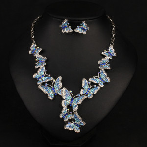 Clavicle Chain Decorative Necklace Earrings Two Piece Set Butterfly Inlaid Diamond Ethnic Style Banquet