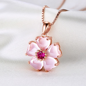 cherry blossom Clavicle Chain Necklace Peach Heart Pink Crystal Pendant Women's Natural Hibiscus Stone Plated Rose Gold Jewelry