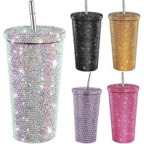500ml rhinestone Double layer insulated cup, stainless steel straw insulated cup, coffee cup, gift cup