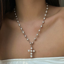 Versatile imitation pearl cross pendant necklace for women