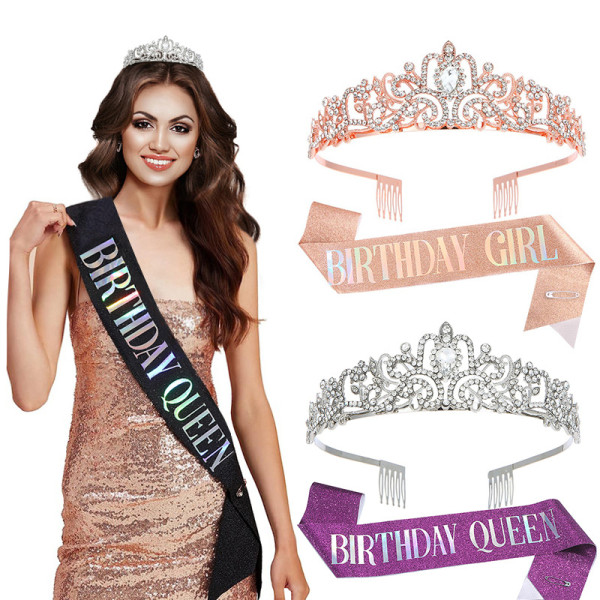 Crystal Crown Belt Etiquette Belt Birthday Headwear Crown Birthday Girl Ribbon Wholesale